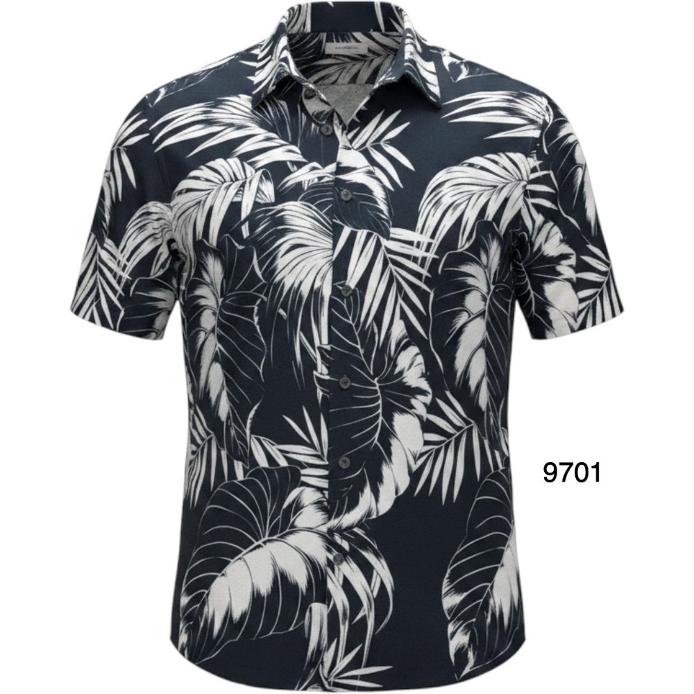 Cafe Luna Shirt Men's M Navy White Palm Leaf Print Short Sleeve Collar Button Up